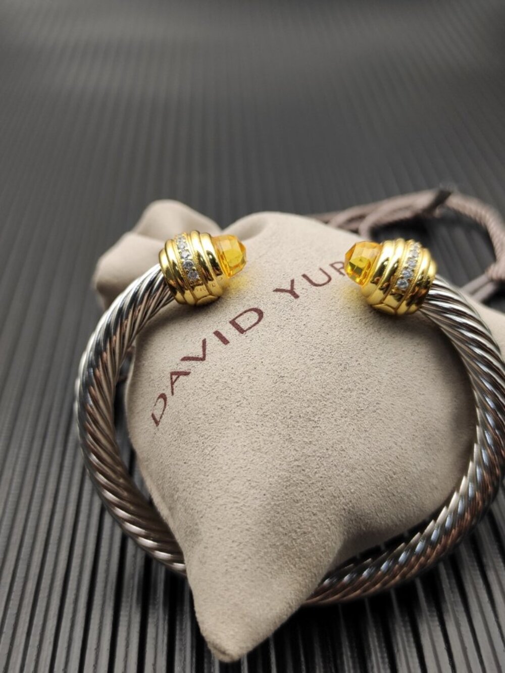 David Yurman—Silver—7mm Bracelet with Gold End Caps Set with Yellow Diamonds - Picture 7 of 8